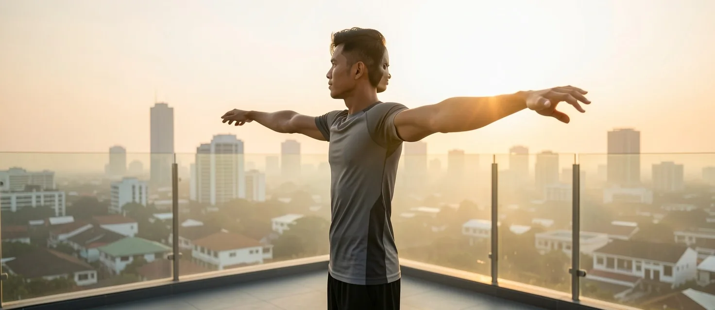 Active man stretching on urban rooftop at dawn