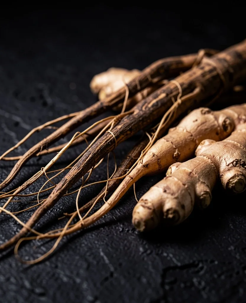 Dark botanical roots on dark surface