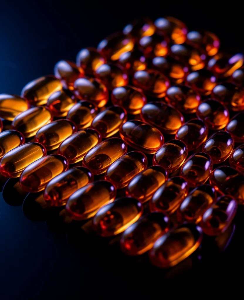Macro view of natural supplement capsules on a dark surface