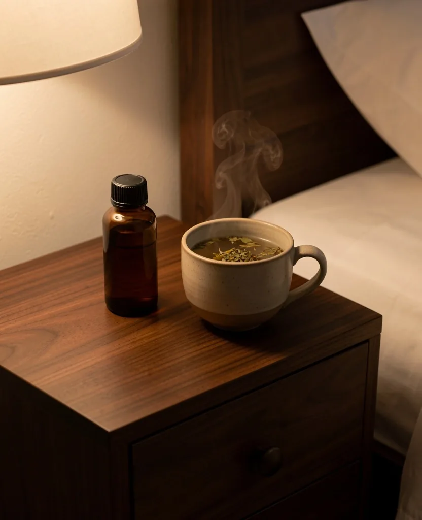 Calming evening supplement routine on a dark nightstand