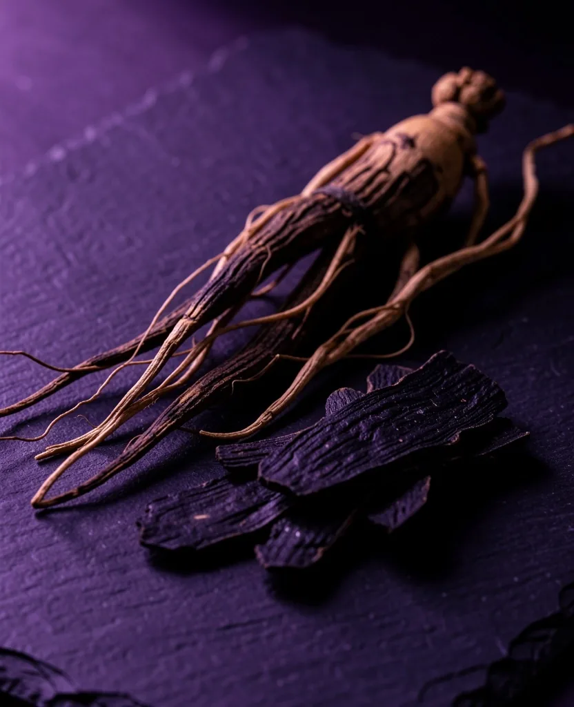 Dark-toned adaptogenic botanical ingredients on slate
