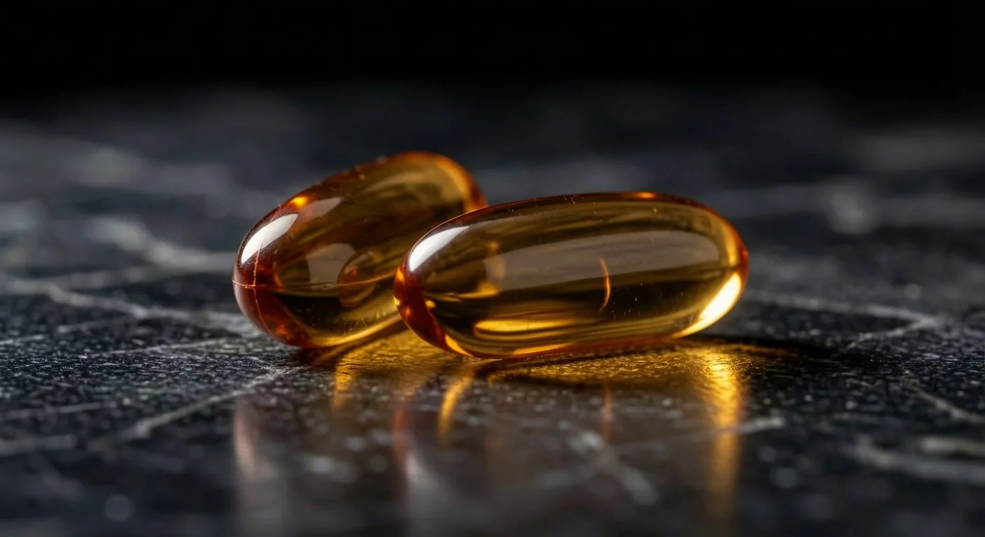 Macro view of natural supplement capsules on a dark surface