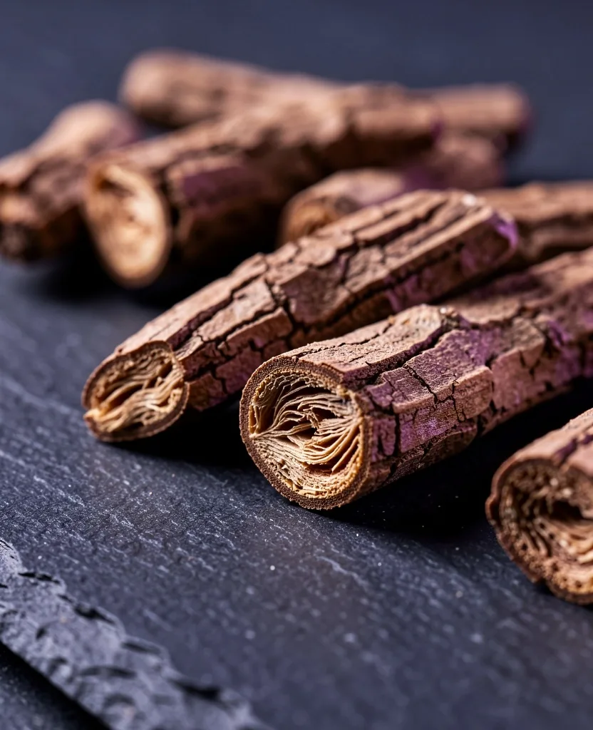 Dried ashwagandha root on dark surface