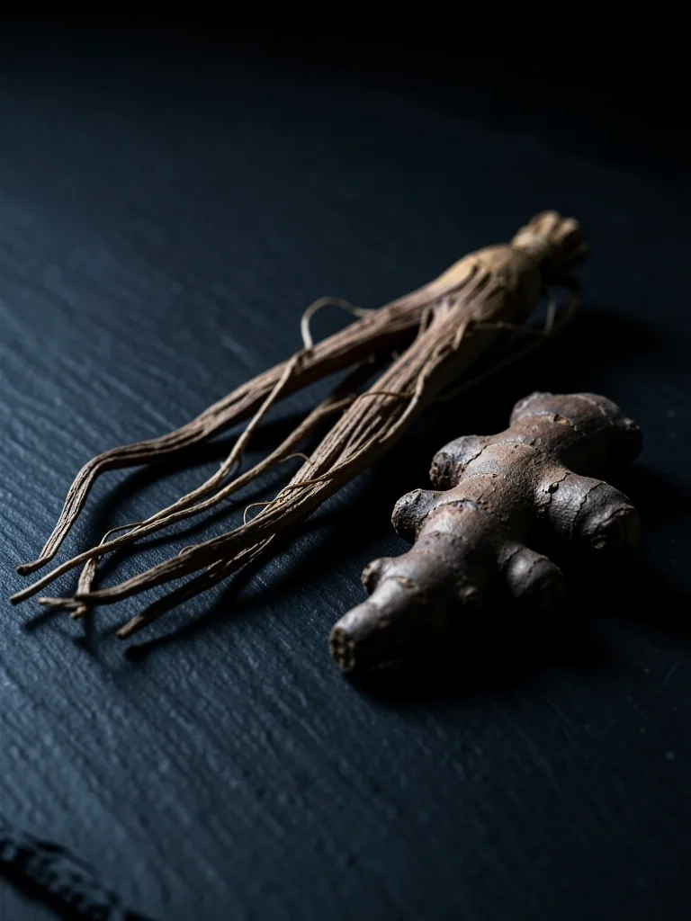 Macro view of ginseng and black ginger roots on dark slate