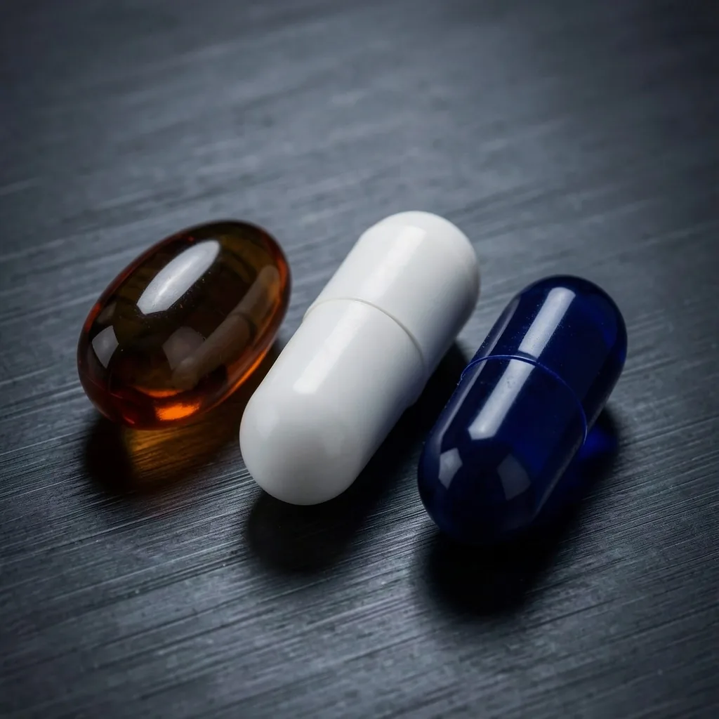 Three supplement capsules arranged on a dark metal surface